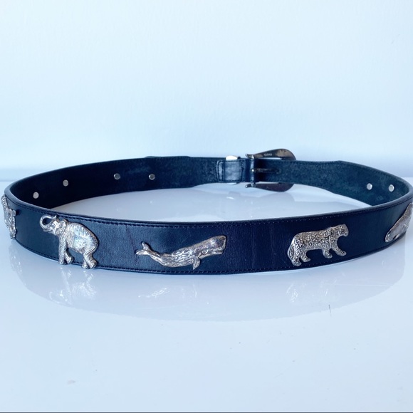 Honest Accessories - Vintage HONEST Brighton Black Leather Belt Brass Endangered Animal